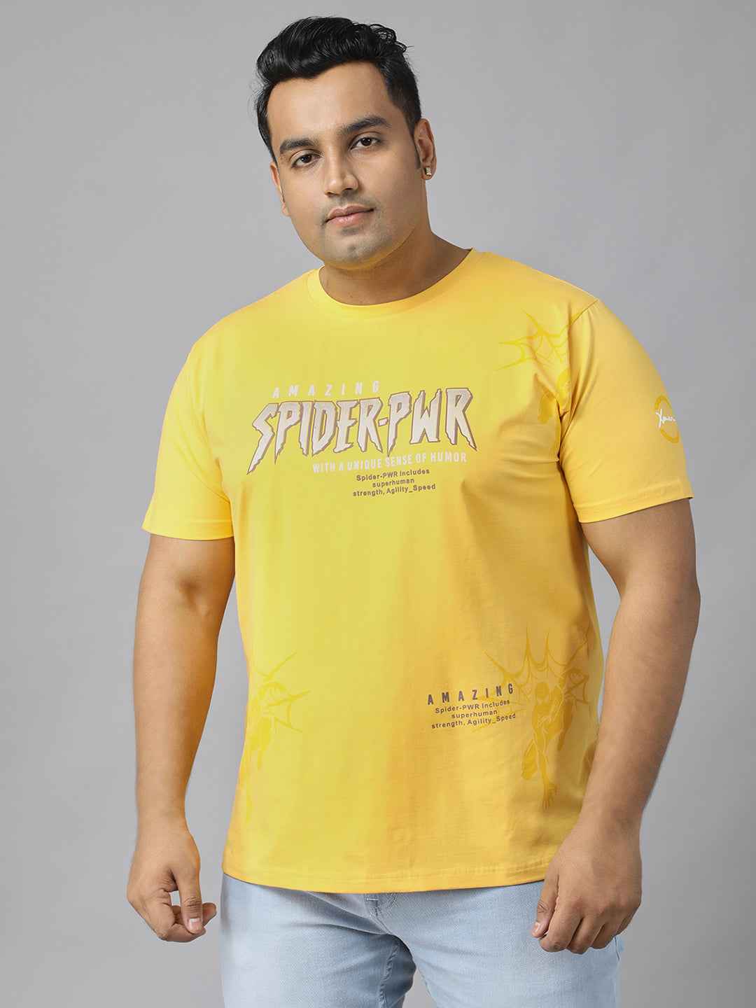 Men's Plus Size Amazing Spider-PWR Graphic T-Shirt | Round Neck Half Sleeve Cotton Tee with Superhero Print | Casual Comfortable Printed T-Shirt for Everyday Wear