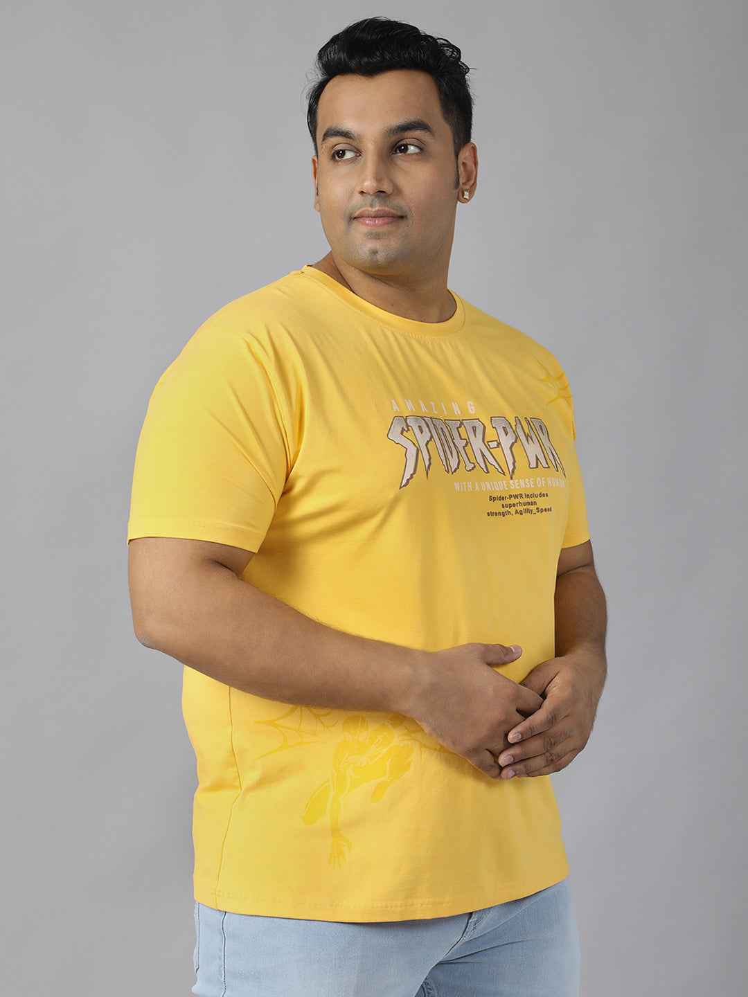 Men's Plus Size Amazing Spider-PWR Graphic T-Shirt | Round Neck Half Sleeve Cotton Tee with Superhero Print | Casual Comfortable Printed T-Shirt for Everyday Wear