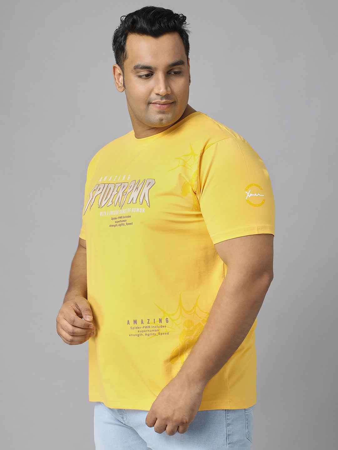 Men's Plus Size Amazing Spider-PWR Graphic T-Shirt | Round Neck Half Sleeve Cotton Tee with Superhero Print | Casual Comfortable Printed T-Shirt for Everyday Wear