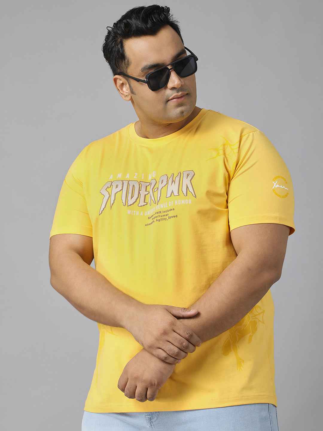 Men's Plus Size Amazing Spider-PWR Graphic T-Shirt | Round Neck Half Sleeve Cotton Tee with Superhero Print | Casual Comfortable Printed T-Shirt for Everyday Wear