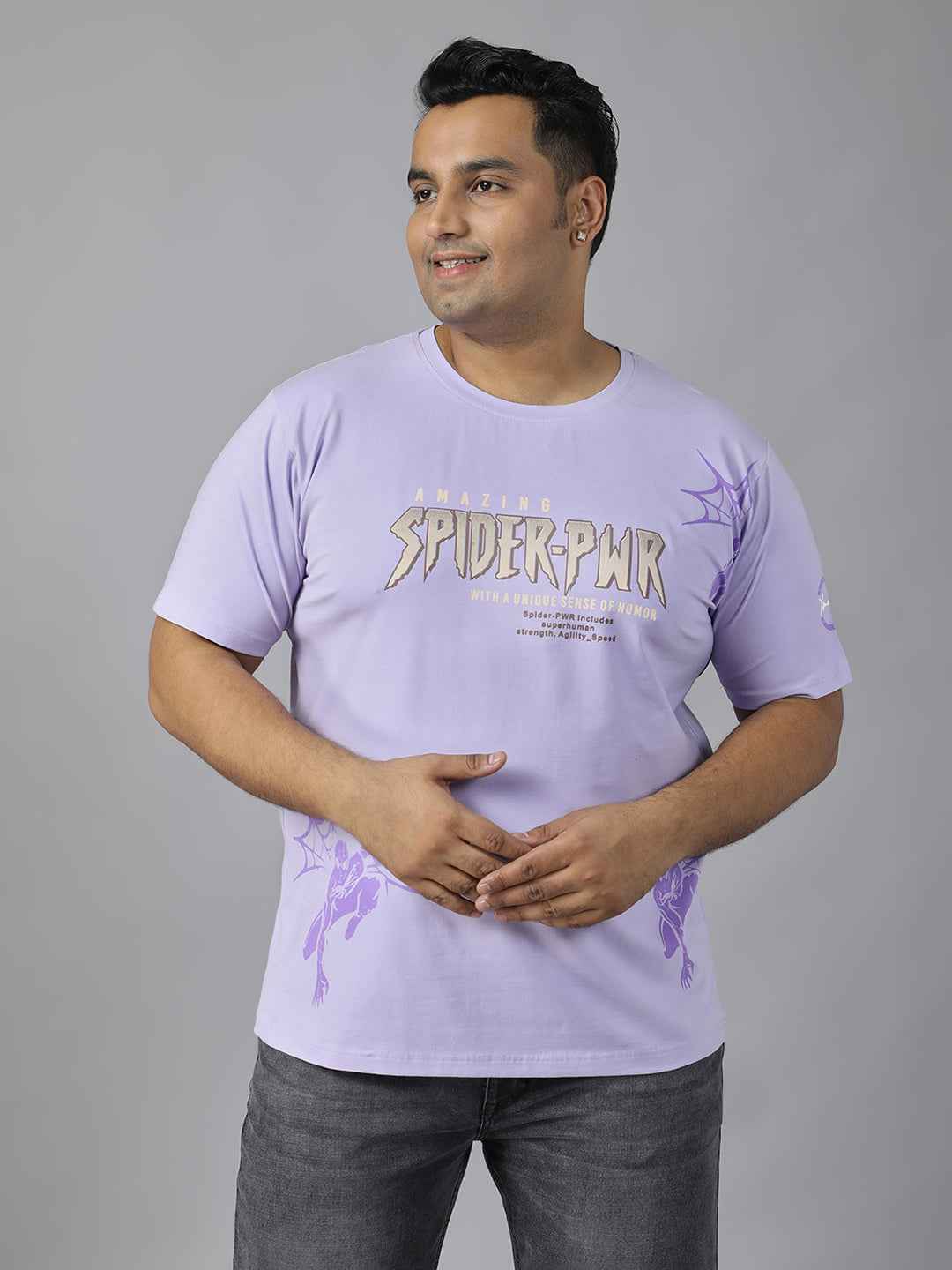 Men's Plus Size Amazing Spider-PWR Graphic T-Shirt | Round Neck Half Sleeve Cotton Tee with Superhero Print | Casual Comfortable Printed T-Shirt for Everyday Wear