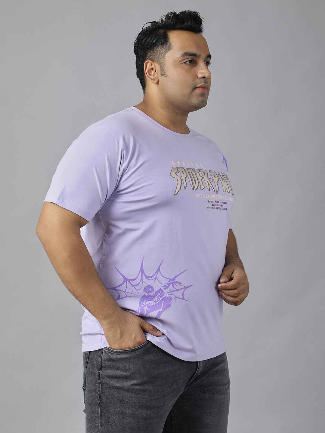 Men's Plus Size Amazing Spider-PWR Graphic T-Shirt | Round Neck Half Sleeve Cotton Tee with Superhero Print | Casual Comfortable Printed T-Shirt for Everyday Wear