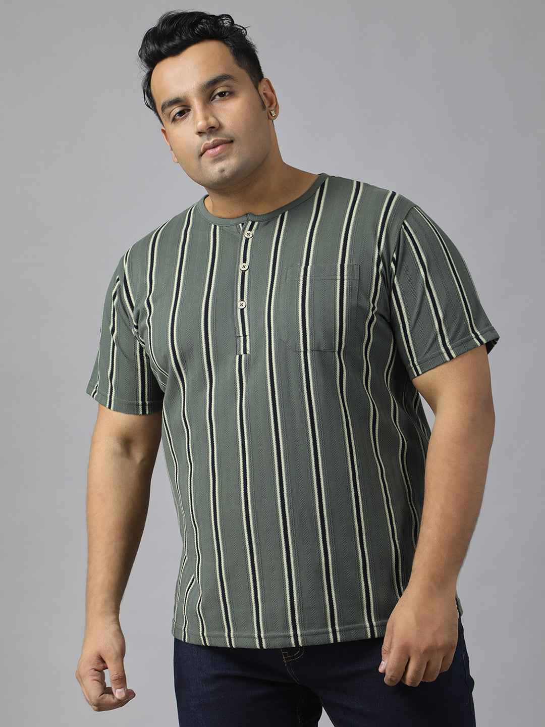 Men's Plus Size Casual Henley T-Shirt with Vertical Stripes | Short Sleeve Cotton Blend Tee for Big & Tall Men | Stylish Round Neck Button Placket T-Shirt with Chest Pocket