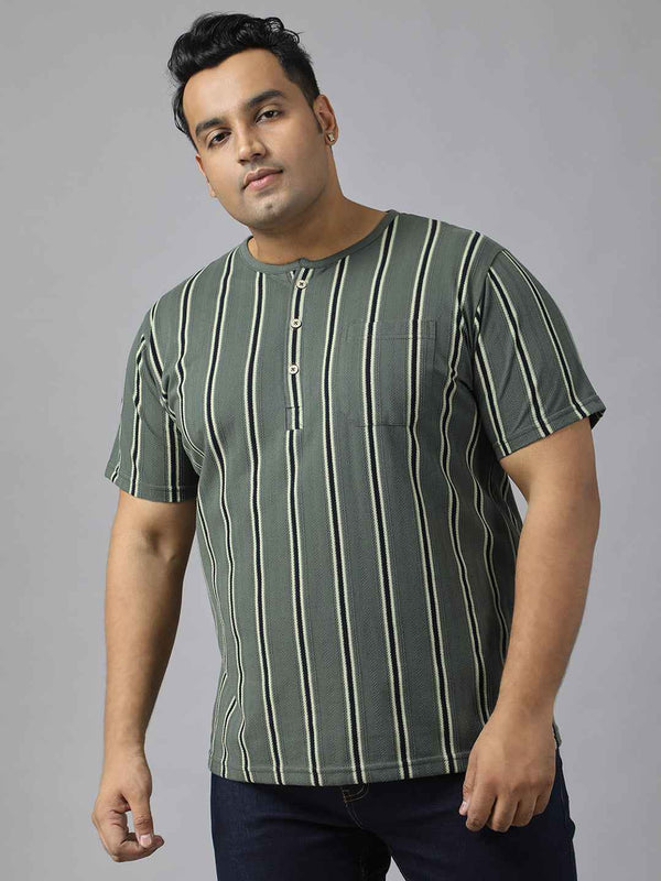 Men's Plus Size Casual Henley T-Shirt with Vertical Stripes | Short Sleeve Cotton Blend Tee for Big & Tall Men | Stylish Round Neck Button Placket T-Shirt with Chest Pocket