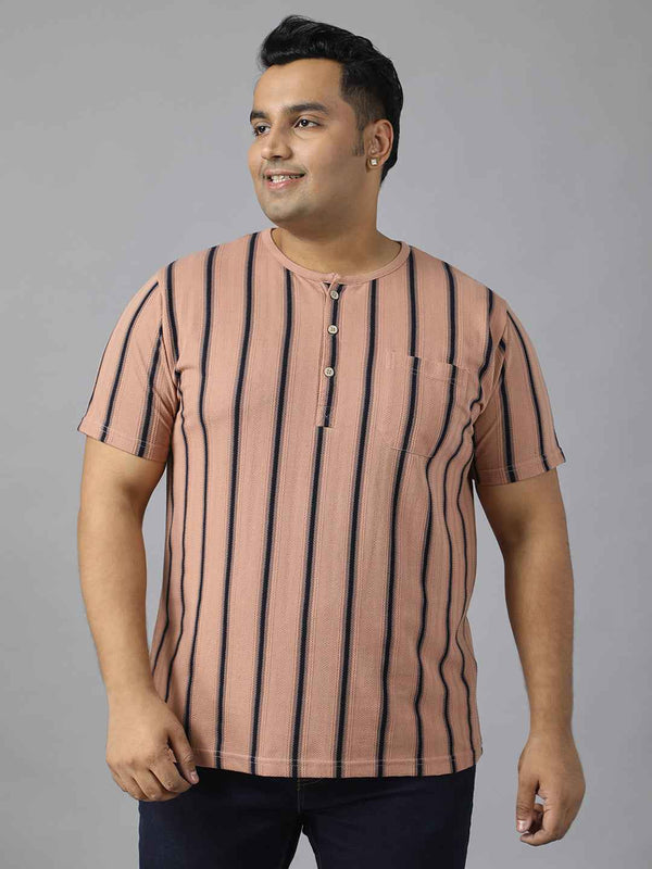Men's Plus Size Casual Henley T-Shirt with Vertical Stripes | Short Sleeve Cotton Blend Tee for Big & Tall Men | Stylish Round Neck Button Placket T-Shirt with Chest Pocket