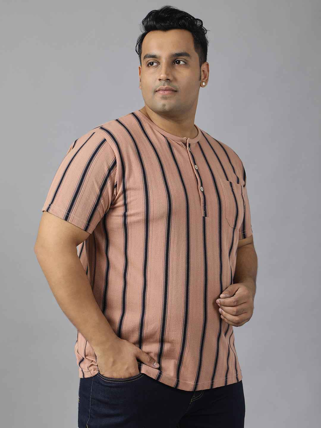 Men's Plus Size Casual Henley T-Shirt with Vertical Stripes | Short Sleeve Cotton Blend Tee for Big & Tall Men | Stylish Round Neck Button Placket T-Shirt with Chest Pocket