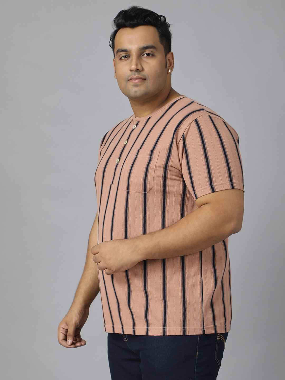 Men's Plus Size Casual Henley T-Shirt with Vertical Stripes | Short Sleeve Cotton Blend Tee for Big & Tall Men | Stylish Round Neck Button Placket T-Shirt with Chest Pocket