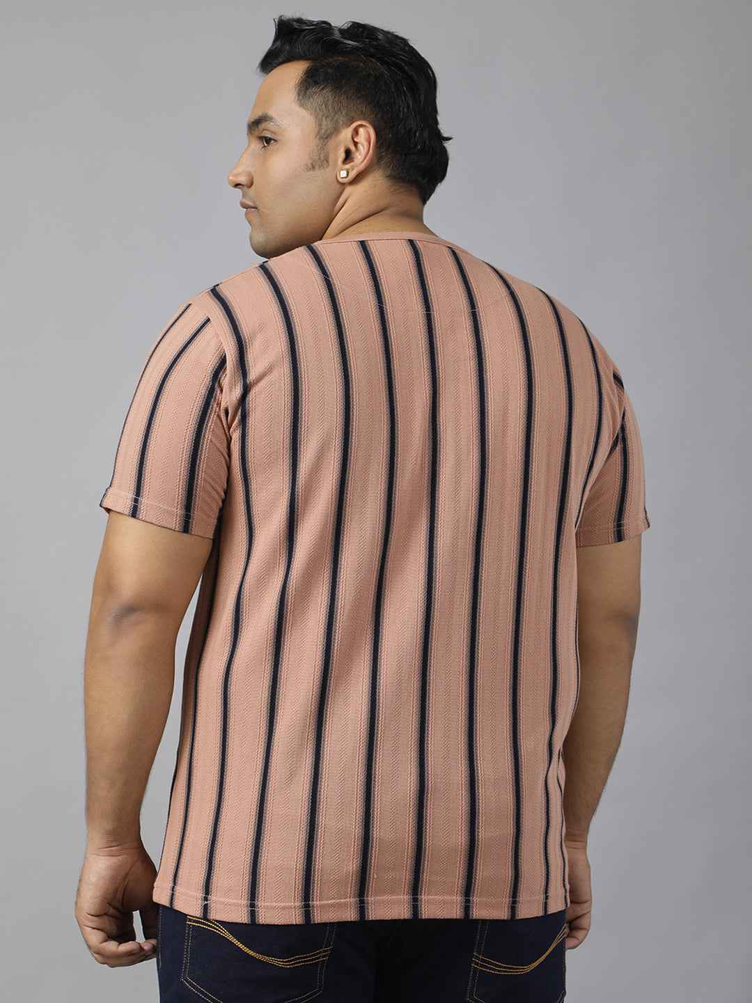 Men's Plus Size Casual Henley T-Shirt with Vertical Stripes | Short Sleeve Cotton Blend Tee for Big & Tall Men | Stylish Round Neck Button Placket T-Shirt with Chest Pocket