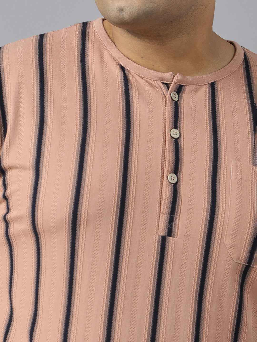 Men's Plus Size Casual Henley T-Shirt with Vertical Stripes | Short Sleeve Cotton Blend Tee for Big & Tall Men | Stylish Round Neck Button Placket T-Shirt with Chest Pocket