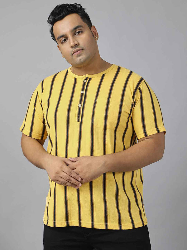 Men's Plus Size Casual Henley T-Shirt with Vertical Stripes | Short Sleeve Cotton Blend Tee for Big & Tall Men | Stylish Round Neck Button Placket T-Shirt with Chest Pocket
