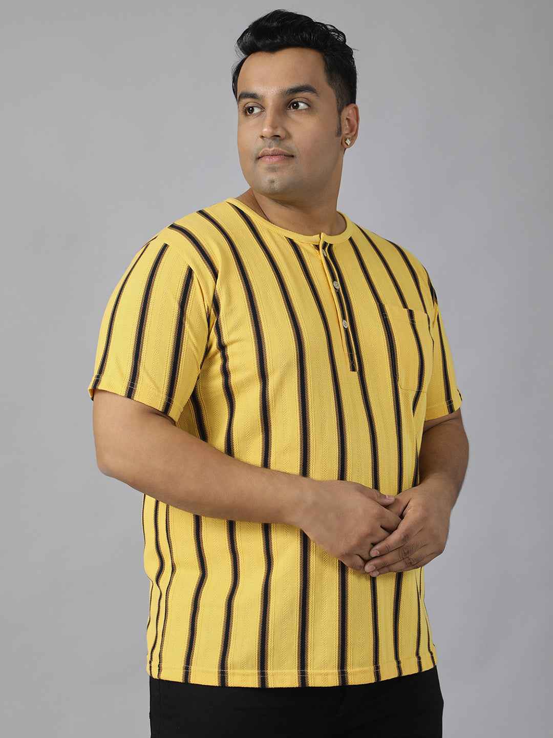 Men's Plus Size Casual Henley T-Shirt with Vertical Stripes | Short Sleeve Cotton Blend Tee for Big & Tall Men | Stylish Round Neck Button Placket T-Shirt with Chest Pocket