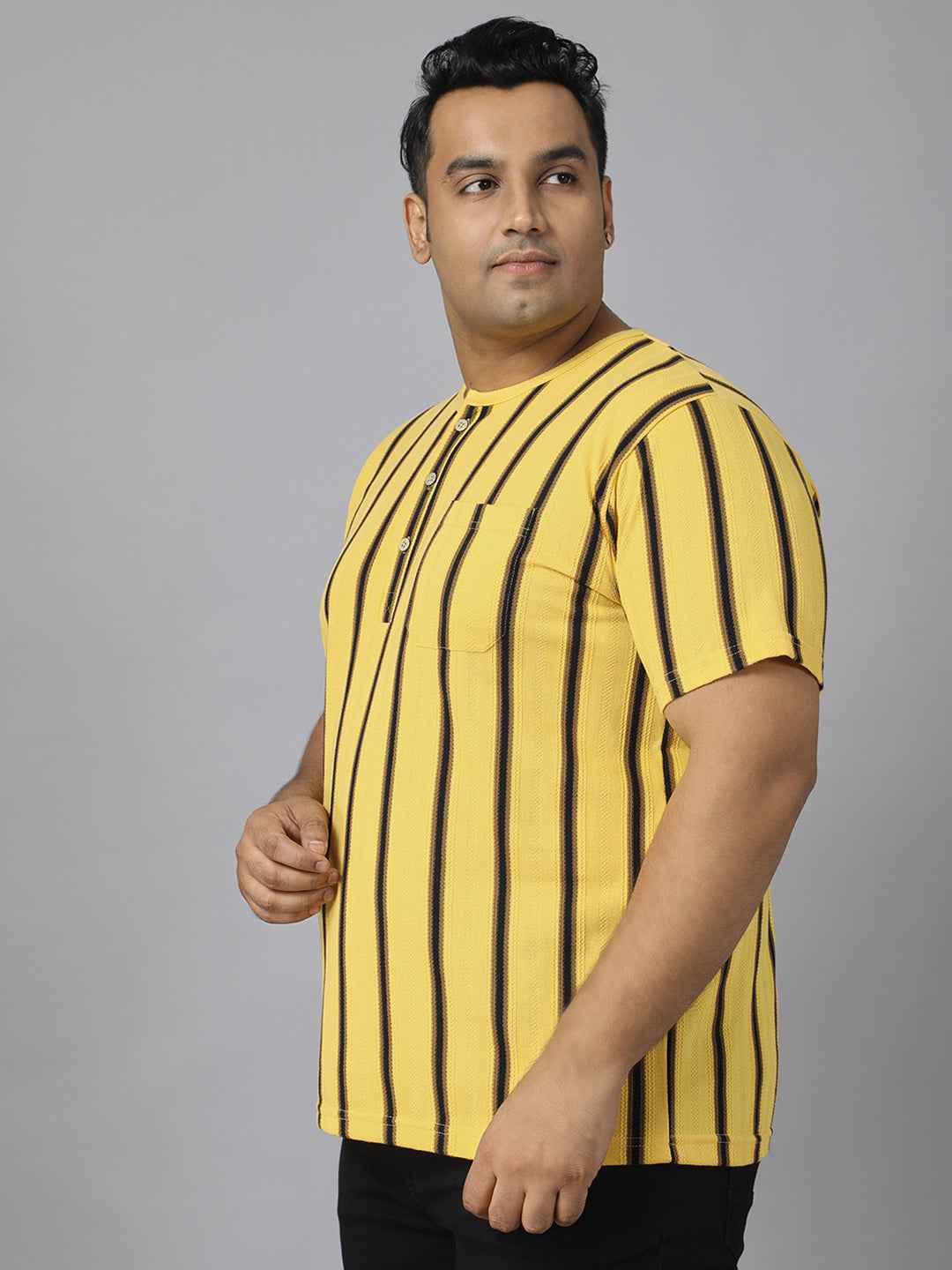 Men's Plus Size Casual Henley T-Shirt with Vertical Stripes | Short Sleeve Cotton Blend Tee for Big & Tall Men | Stylish Round Neck Button Placket T-Shirt with Chest Pocket