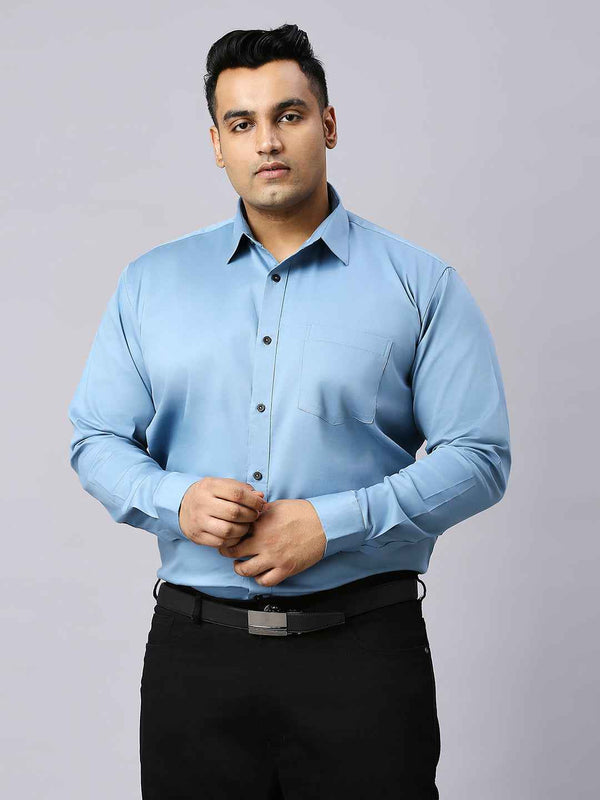 Men's Plus Size Plain Cotton Satin Blend Formal Sky Blue Shirt