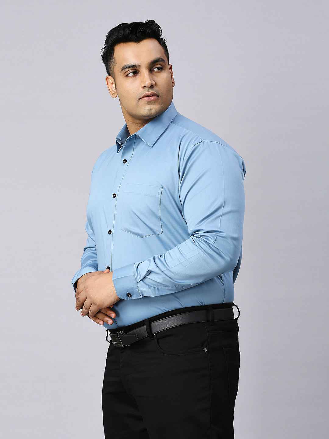 Men's Plus Size Plain Cotton Satin Blend Formal Sky Blue Shirt