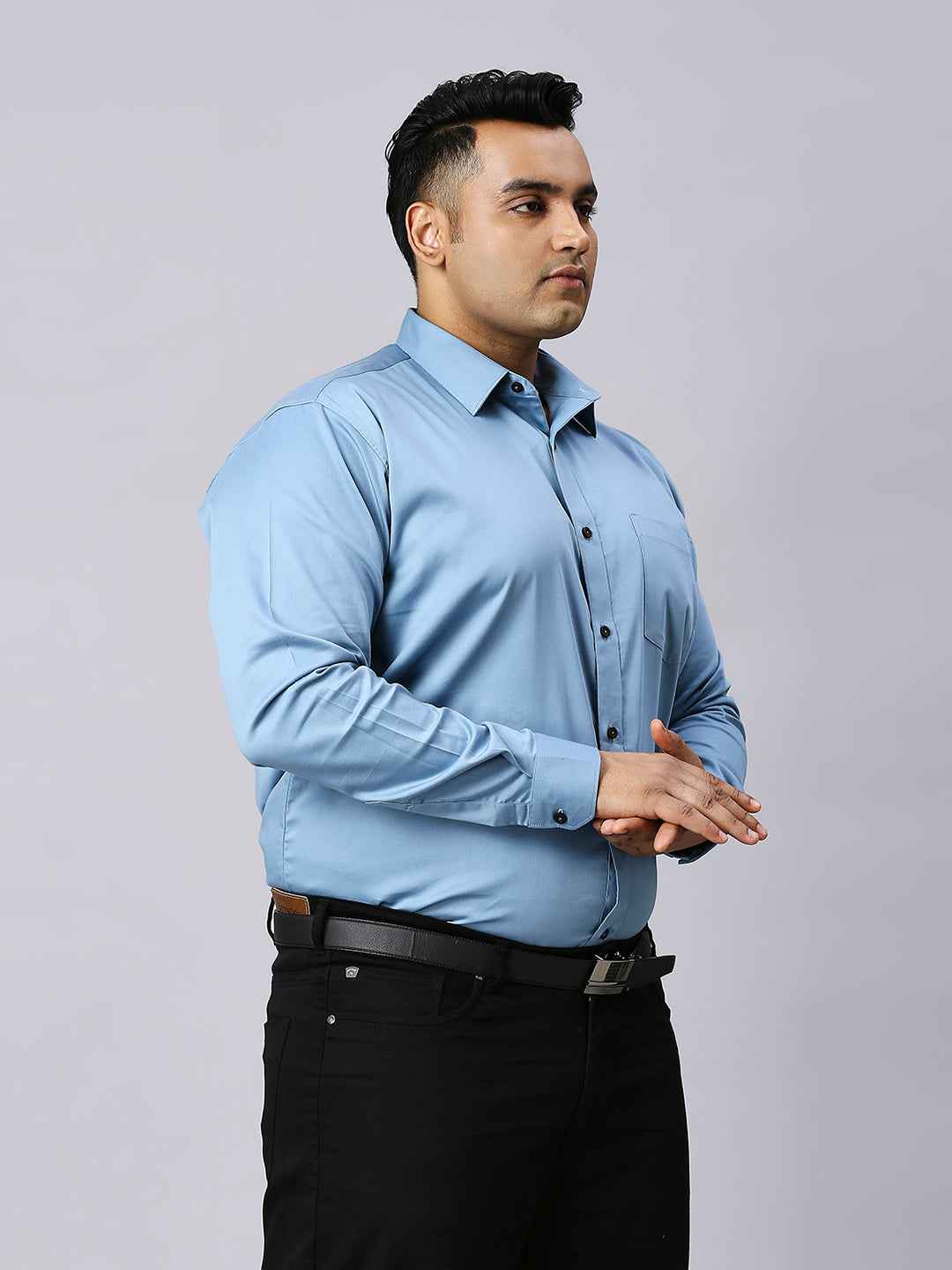Men's Plus Size Plain Cotton Satin Blend Formal Sky Blue Shirt