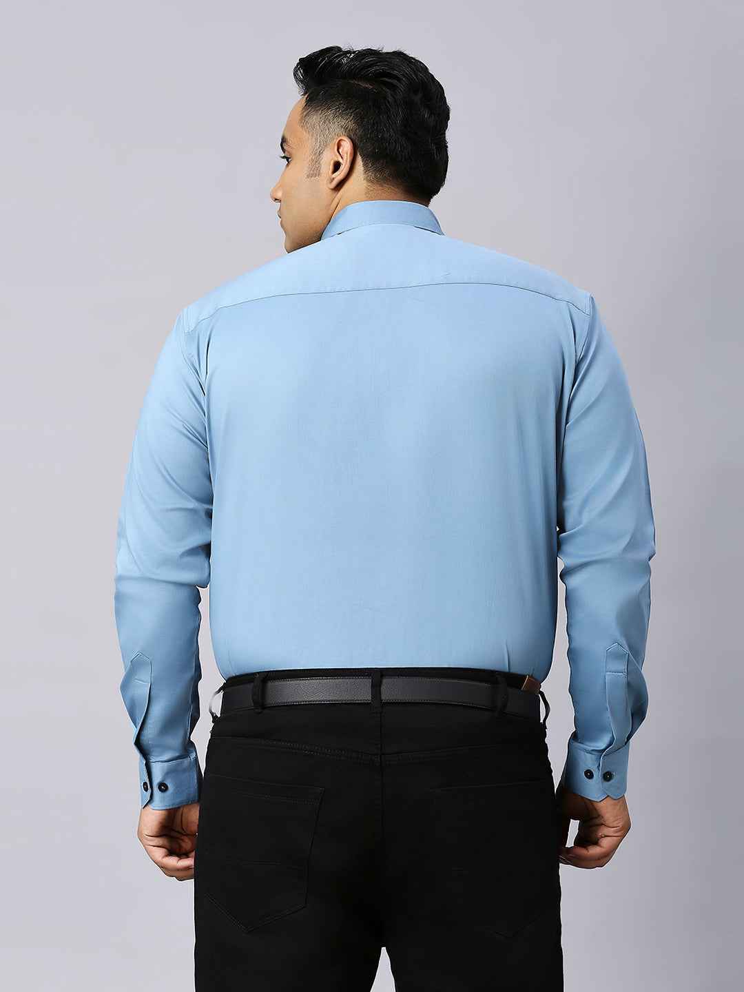 Men's Plus Size Plain Cotton Satin Blend Formal Sky Blue Shirt