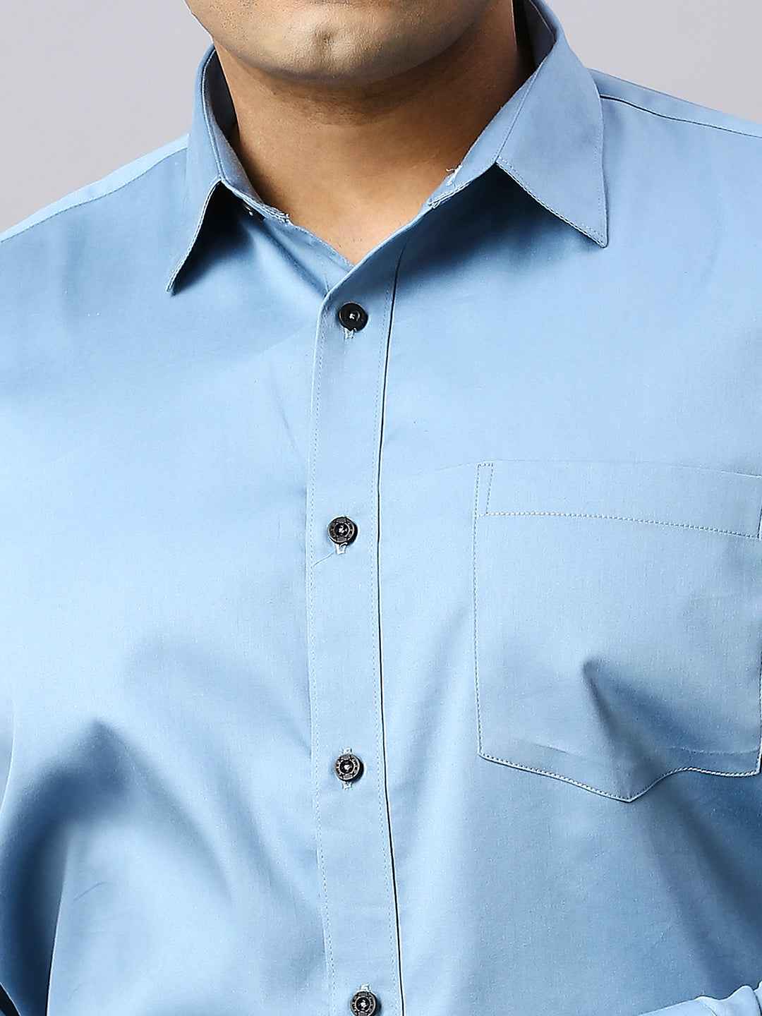 Men's Plus Size Plain Cotton Satin Blend Formal Sky Blue Shirt