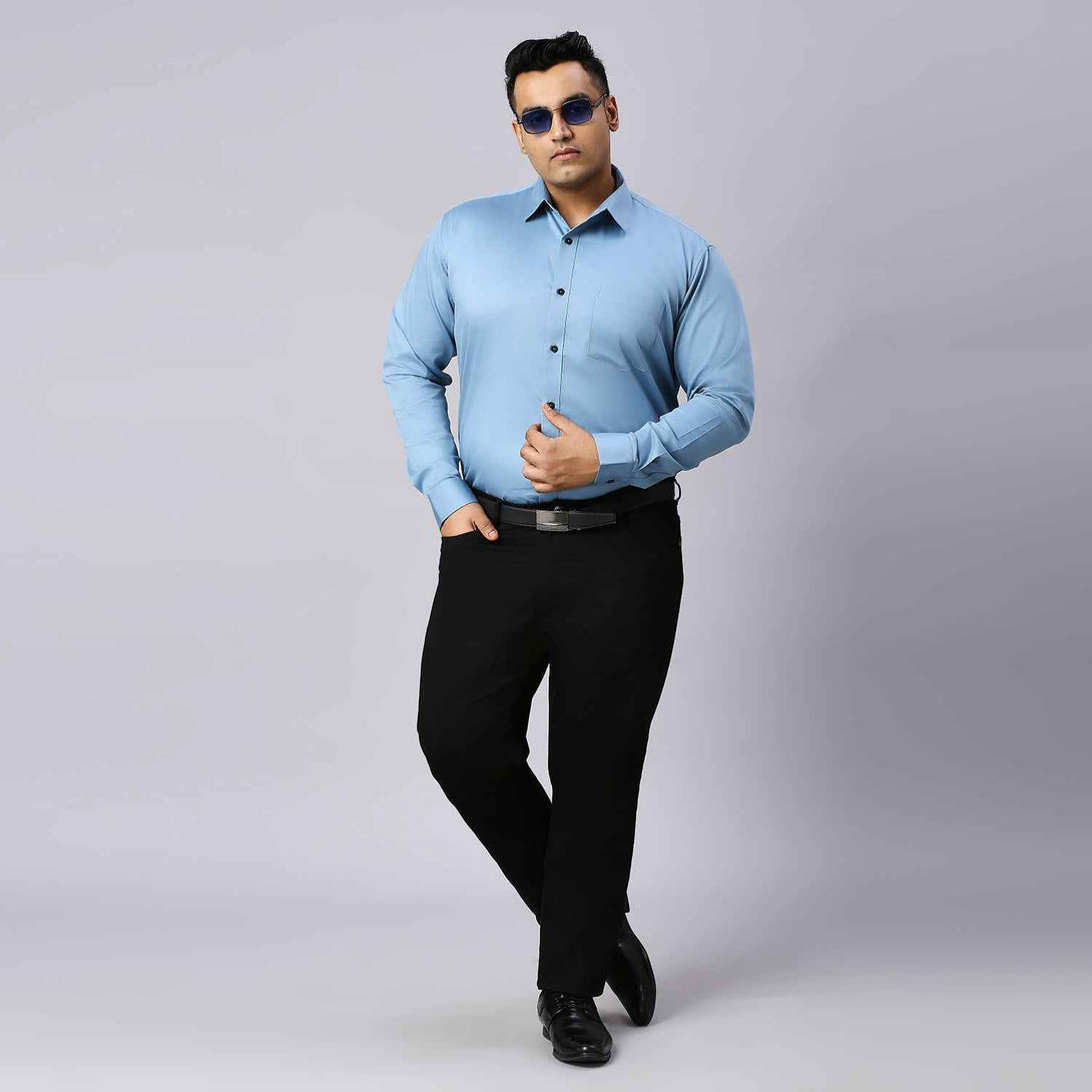 Men's Plus Size Plain Cotton Satin Blend Formal Sky Blue Shirt