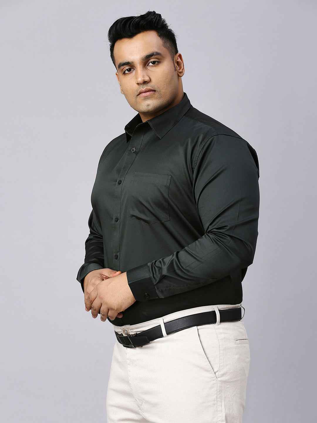 Men's Plus Size Plain Cotton Satin Blend Formal Bottle Green Shirt