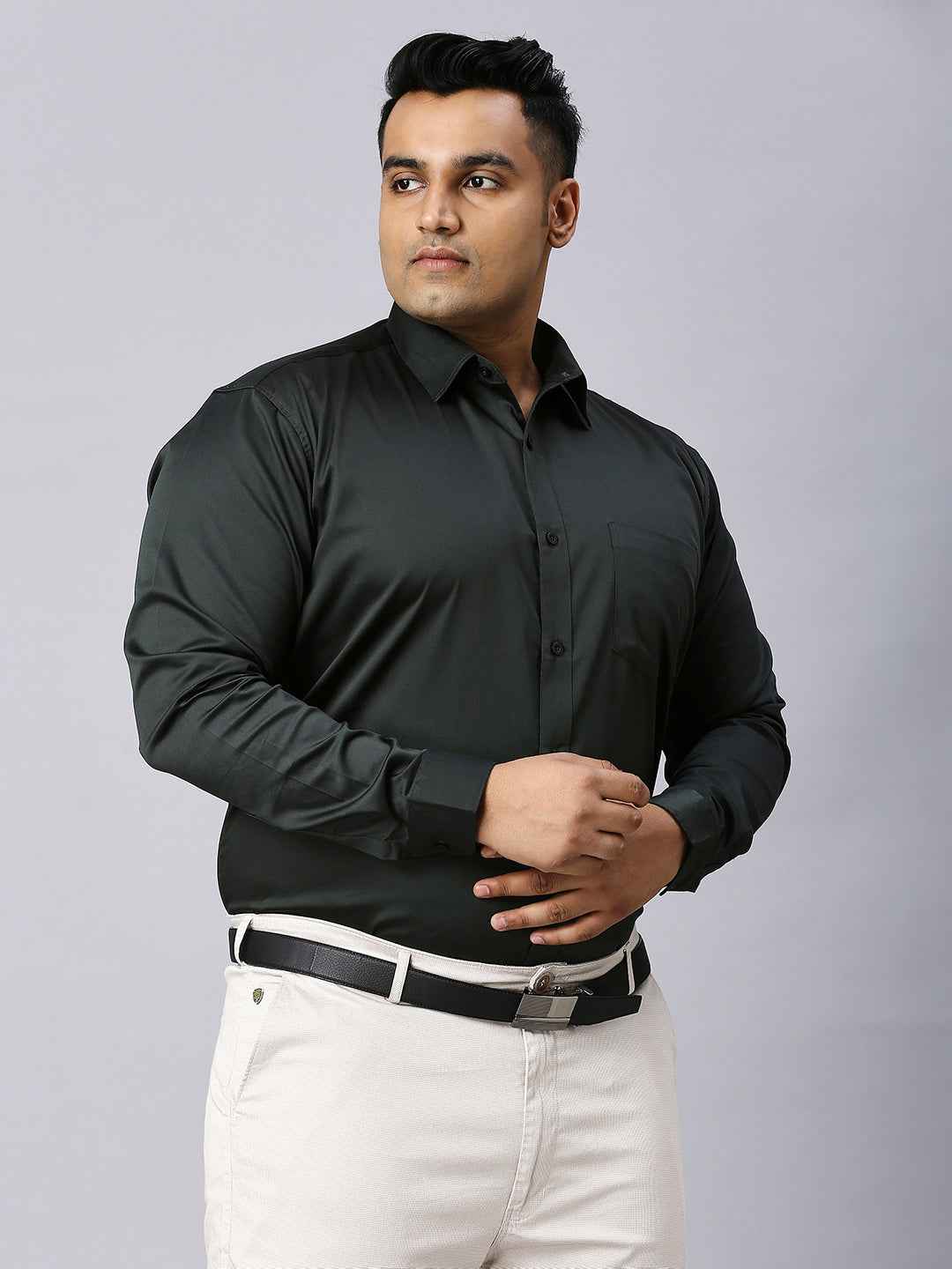 Men's Plus Size Plain Cotton Satin Blend Formal Bottle Green Shirt