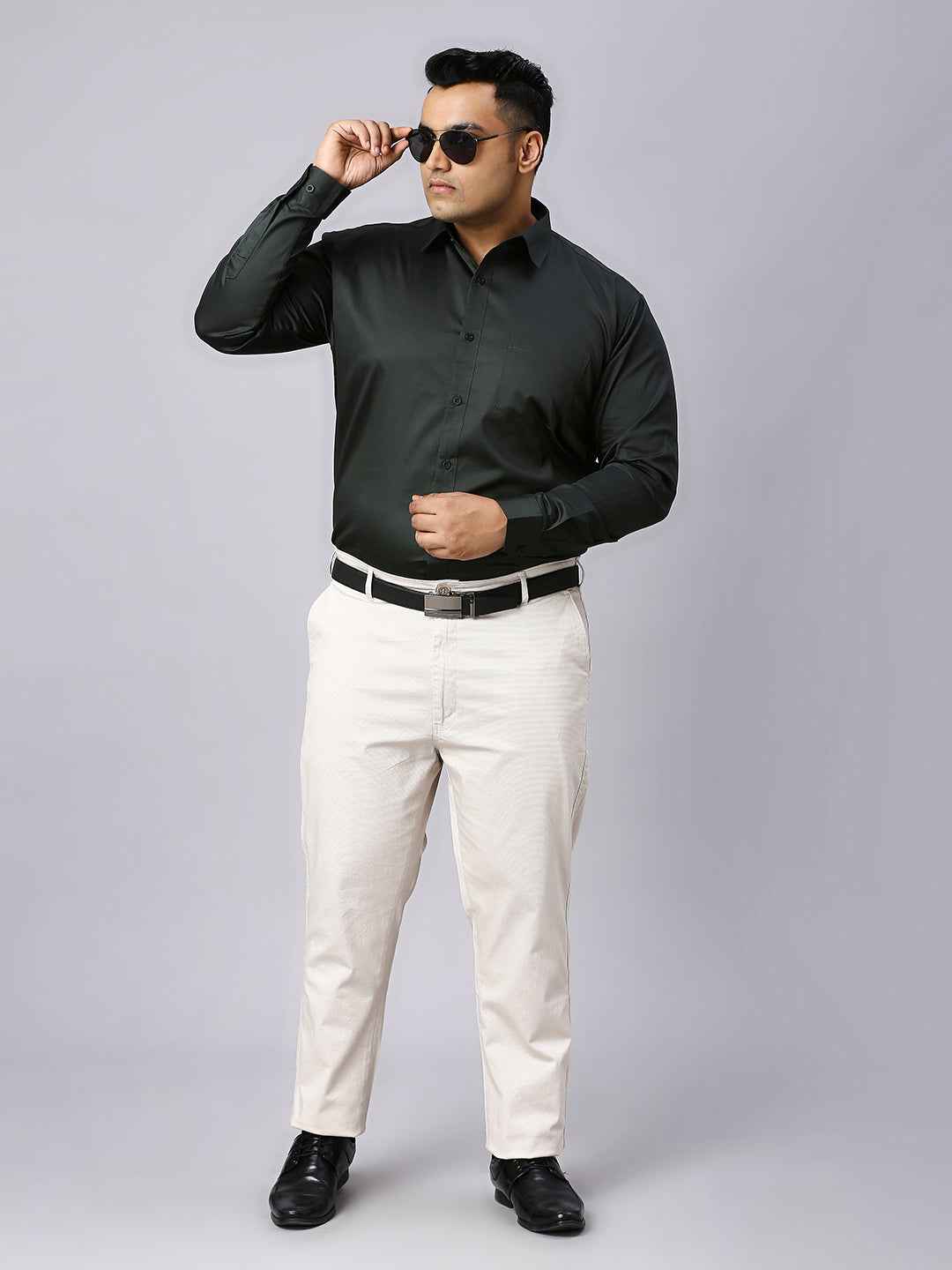 Men's Plus Size Plain Cotton Satin Blend Formal Bottle Green Shirt