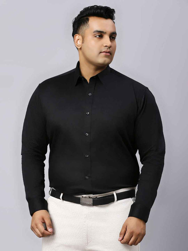 Men's Plus Size Plain Cotton Satin Blend Formal Black Shirt