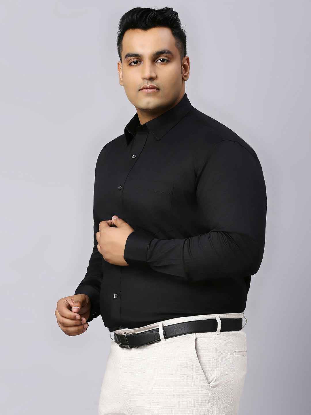 Men's Plus Size Plain Cotton Satin Blend Formal Black Shirt