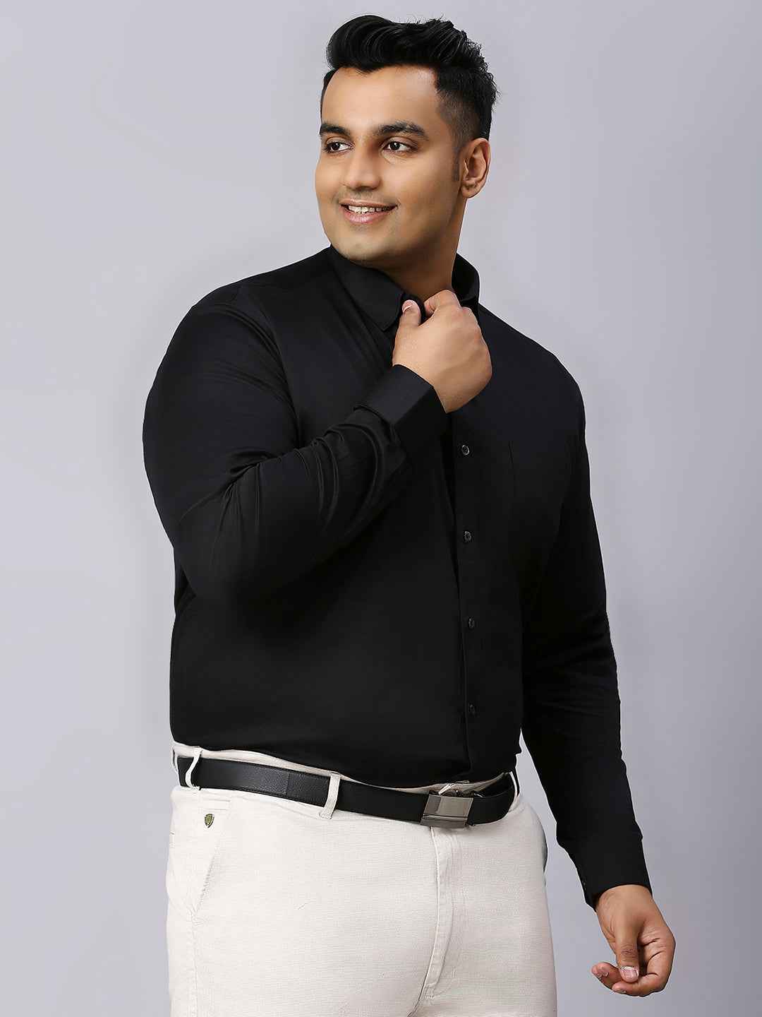 Men's Plus Size Plain Cotton Satin Blend Formal Black Shirt
