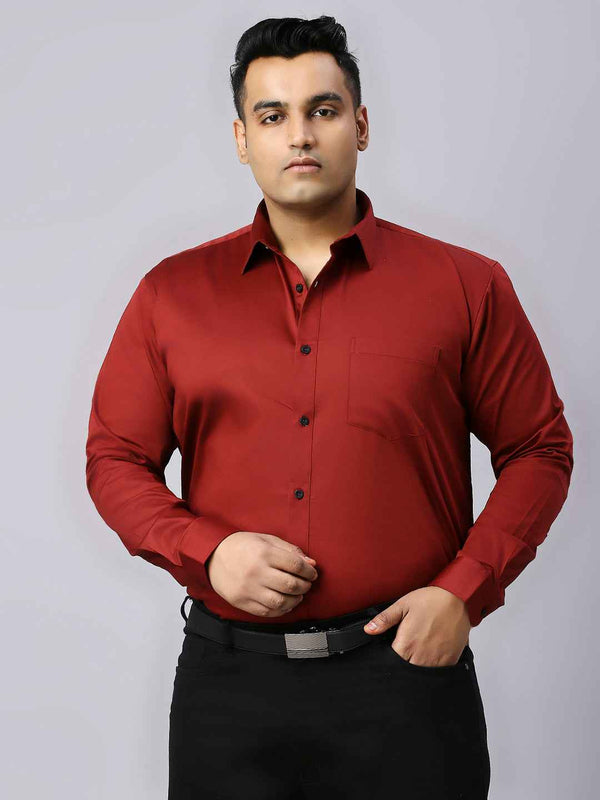 Men's Plus Size Plain Cotton Satin Blend Formal Maroon Shirt