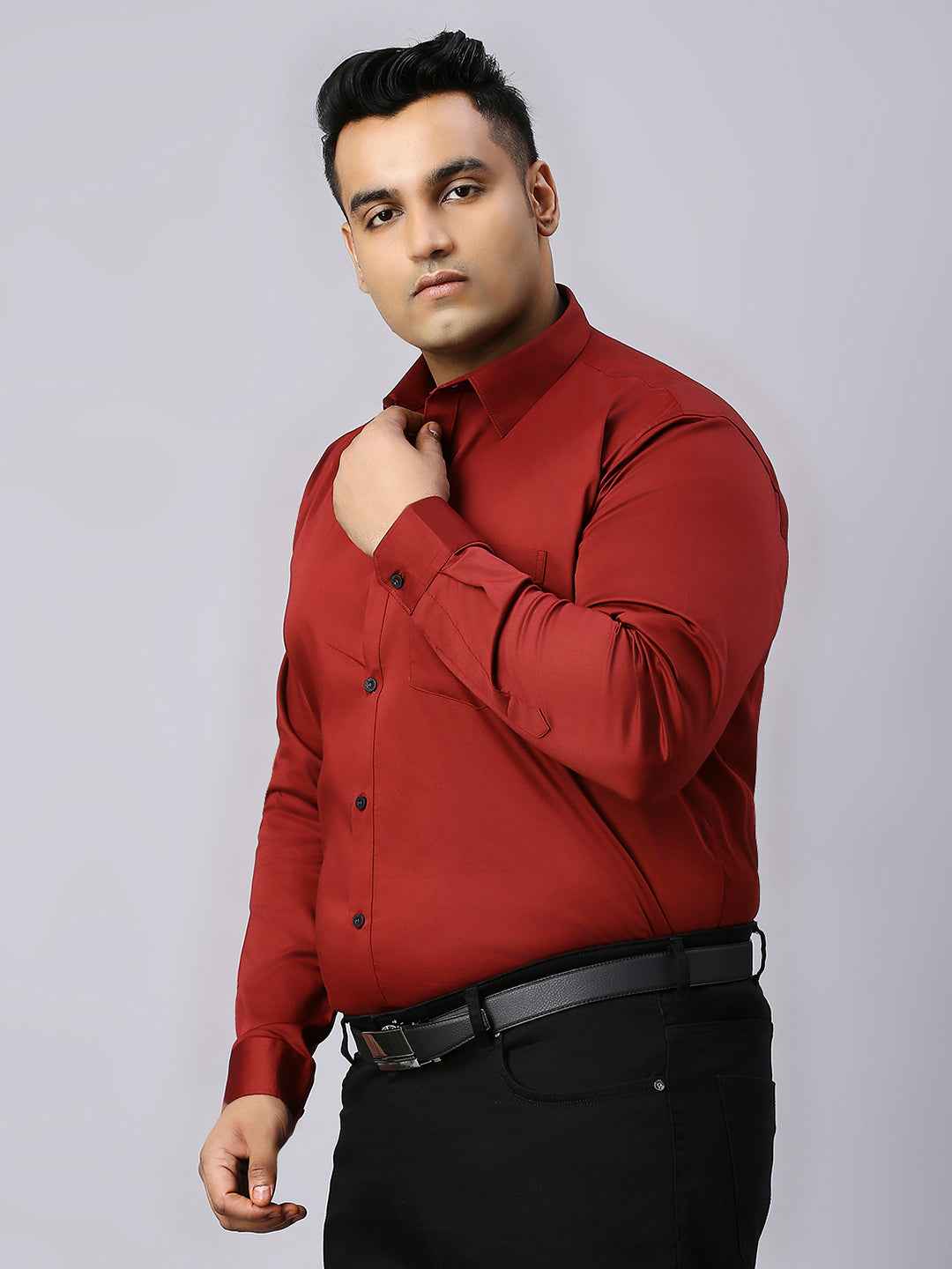Men's Plus Size Plain Cotton Satin Blend Formal Maroon Shirt