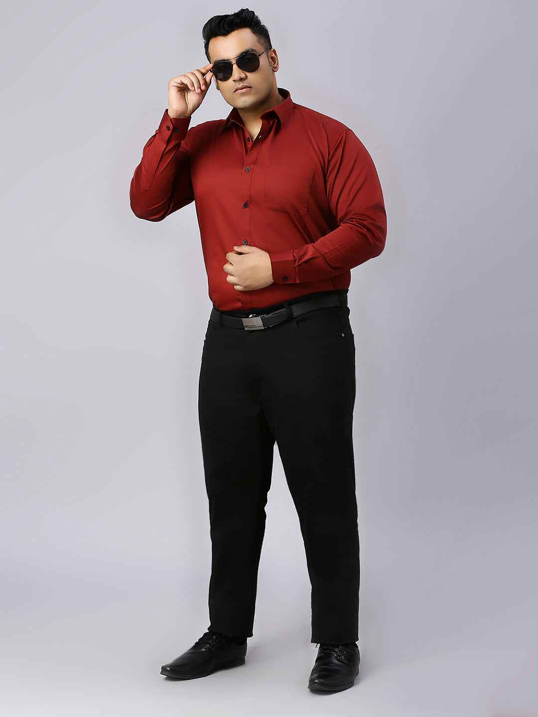 Men's Plus Size Plain Cotton Satin Blend Formal Maroon Shirt