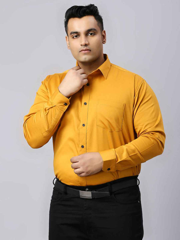 Men's Plus Size Plain Cotton Satin Blend Formal Mustard Shirt