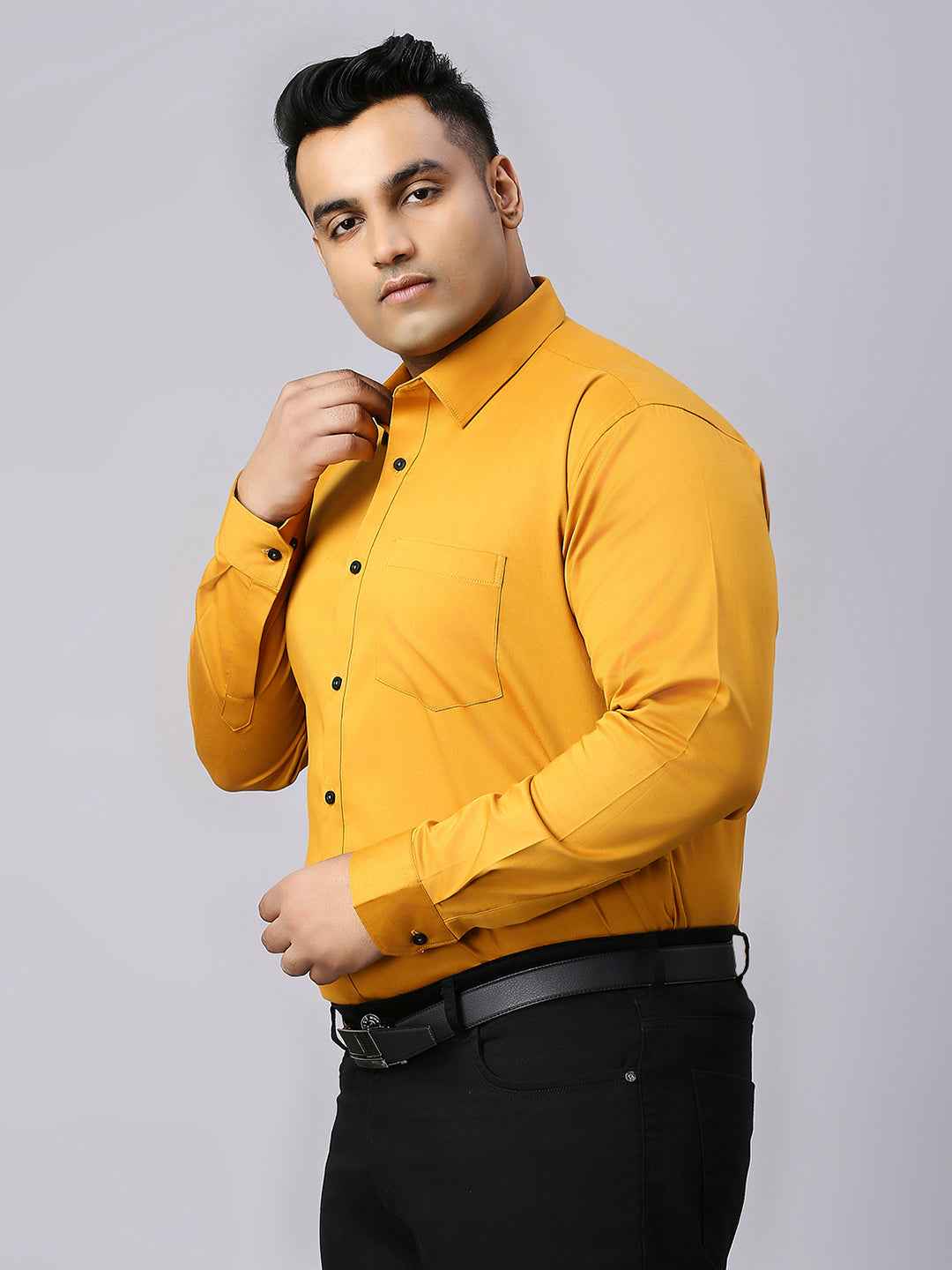 Men's Plus Size Plain Cotton Satin Blend Formal Mustard Shirt