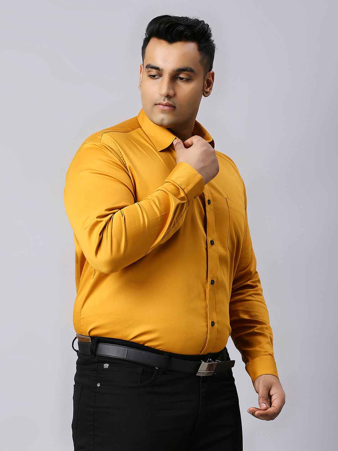 Men's Plus Size Plain Cotton Satin Blend Formal Mustard Shirt