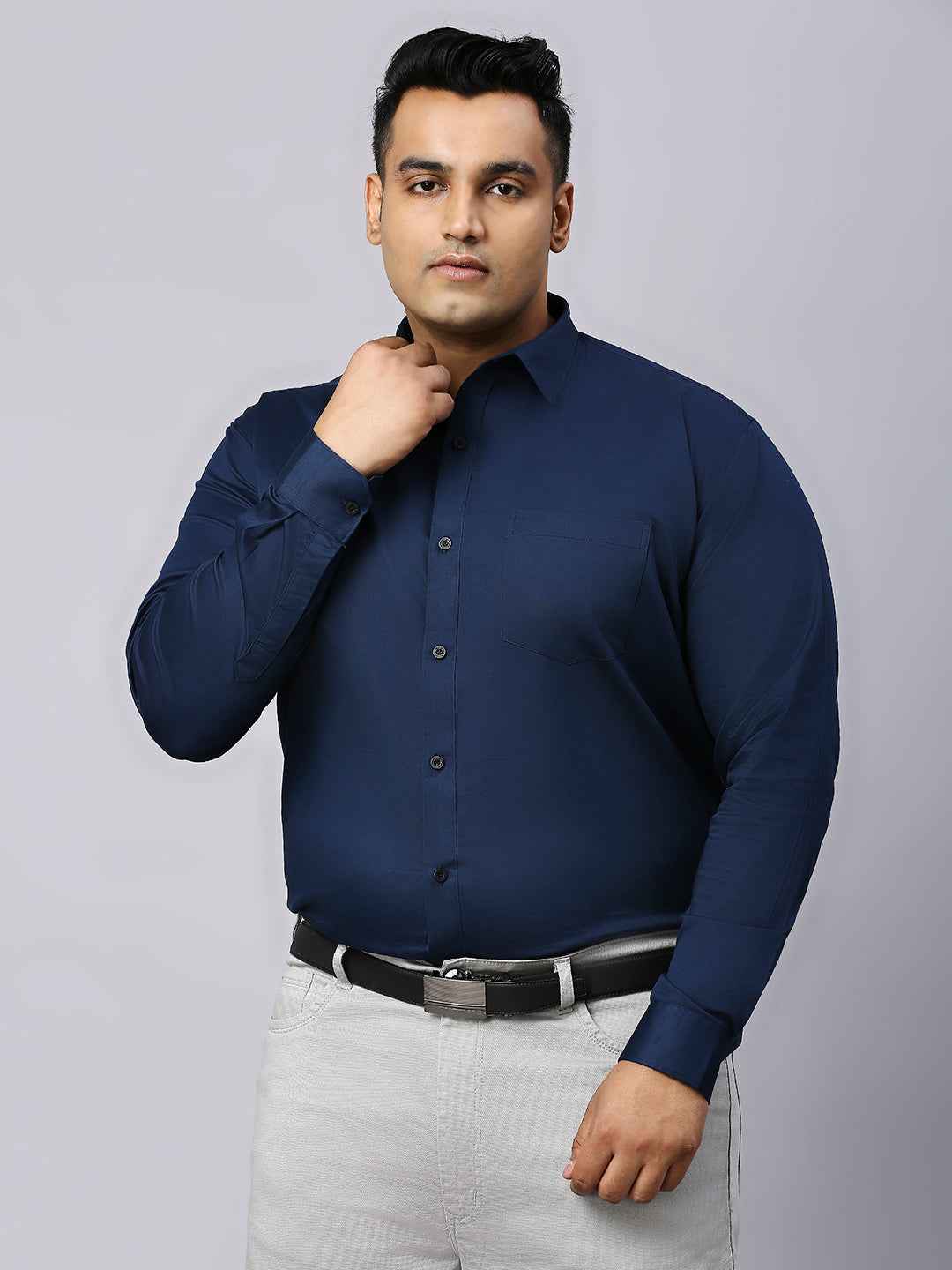 Men's Plus Size Plain Cotton Satin Blend Formal Navy Shirt