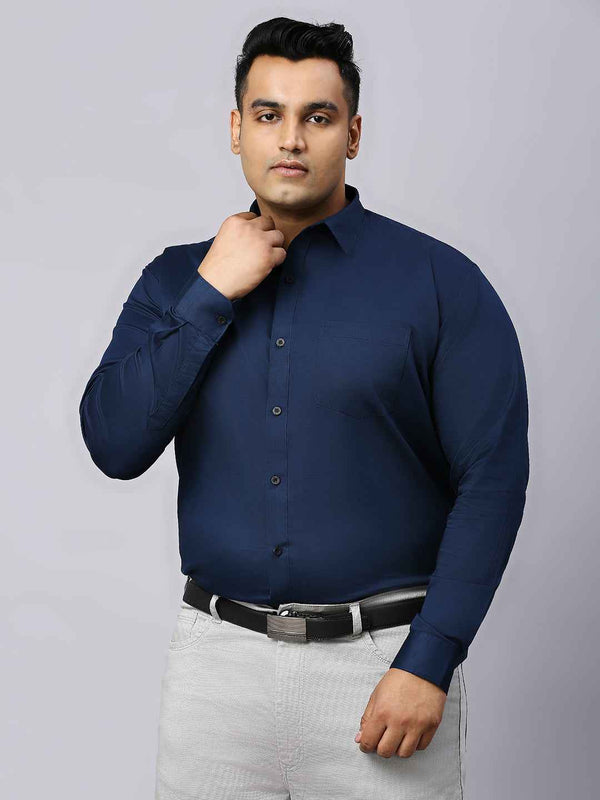 Men's Plus Size Plain Cotton Satin Blend Formal Navy Shirt