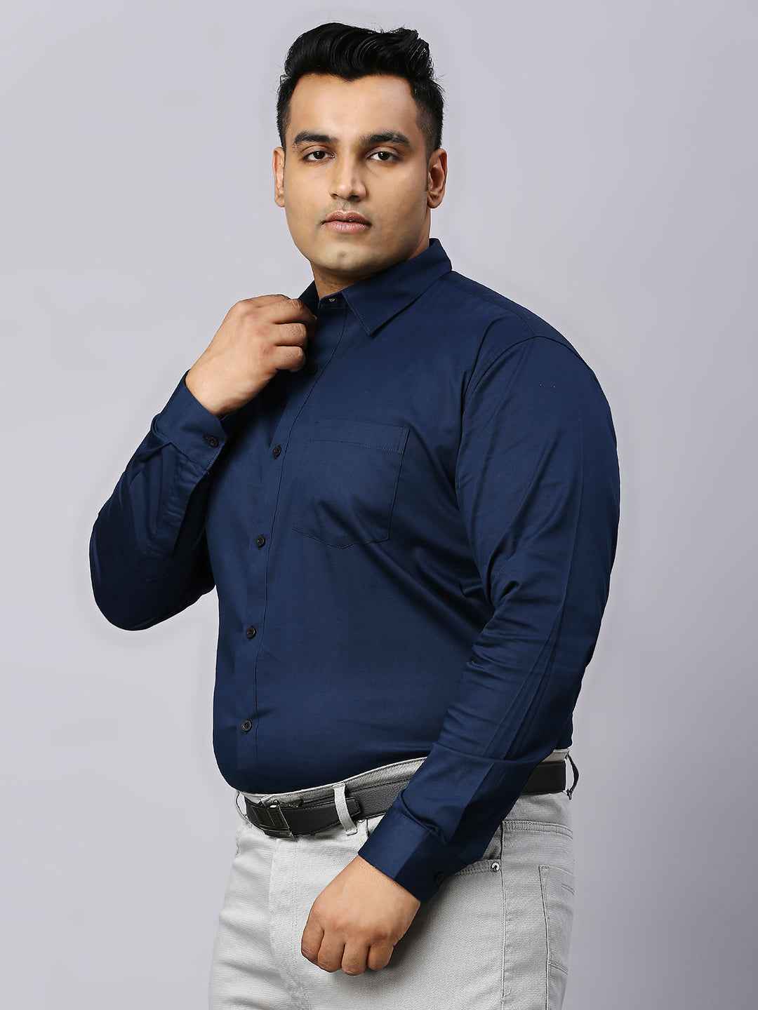 Men's Plus Size Plain Cotton Satin Blend Formal Navy Shirt