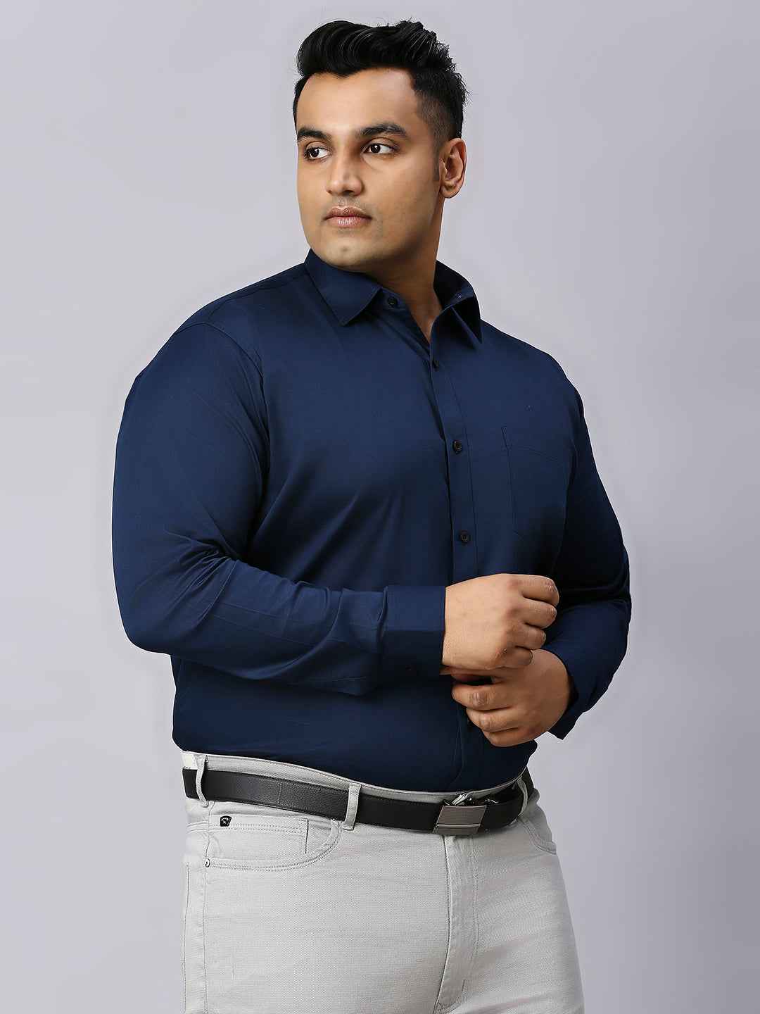 Men's Plus Size Plain Cotton Satin Blend Formal Navy Shirt