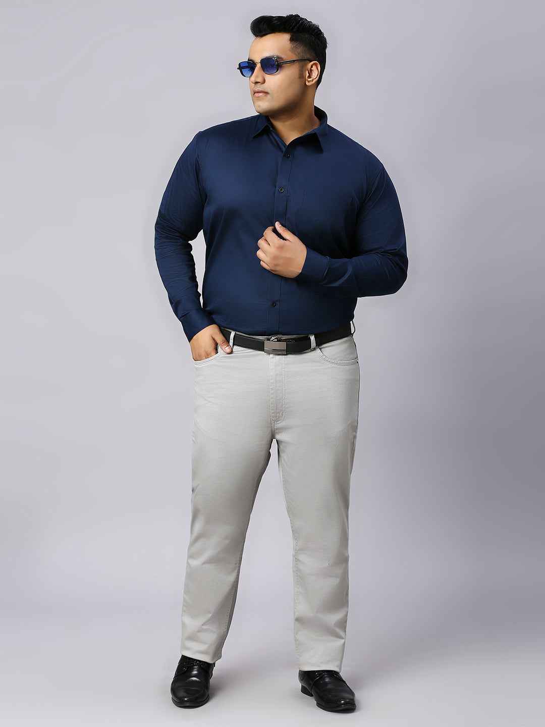 Men's Plus Size Plain Cotton Satin Blend Formal Navy Shirt
