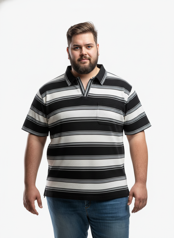 Men’s Plus Size Striped Polo T-Shirt with Chest Pocket, Half Sleeves, Soft Breathable Fabric, Relaxed Fit Casual Wear for Everyday Comfort and Effortless Style