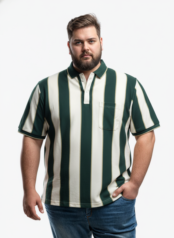 Men’s Plus Size Striped Polo T-Shirt with Chest Pocket, Classic Fit, Soft Cotton Blend Fabric for Casual and Smart Wear