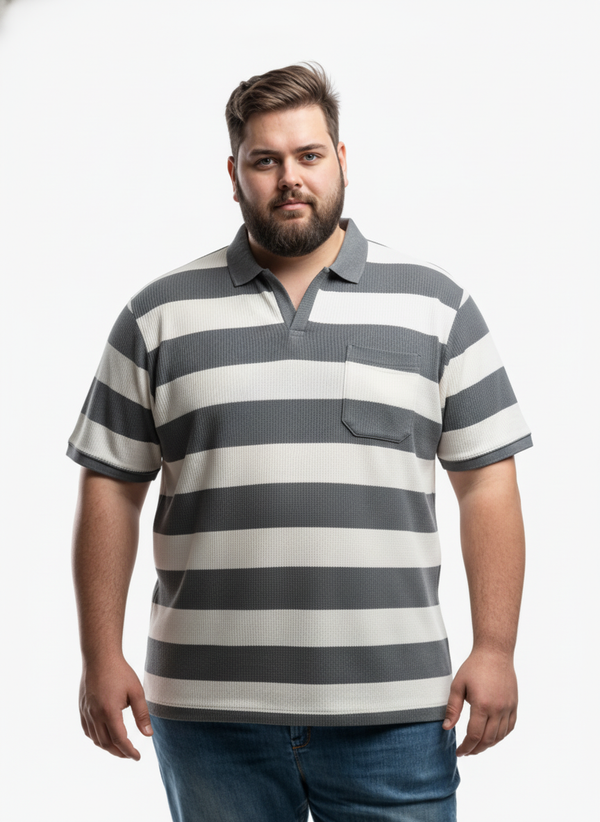 Men’s Plus Size Striped Polo T-Shirt with Half Sleeves and Chest Pocket, Comfortable Casual Wear for Everyday Style