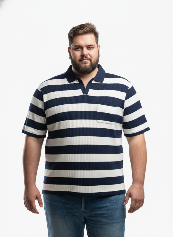 Men’s Plus Size Striped Polo T-Shirt with Half Sleeves and Chest Pocket, Comfortable Casual Wear for Everyday Style