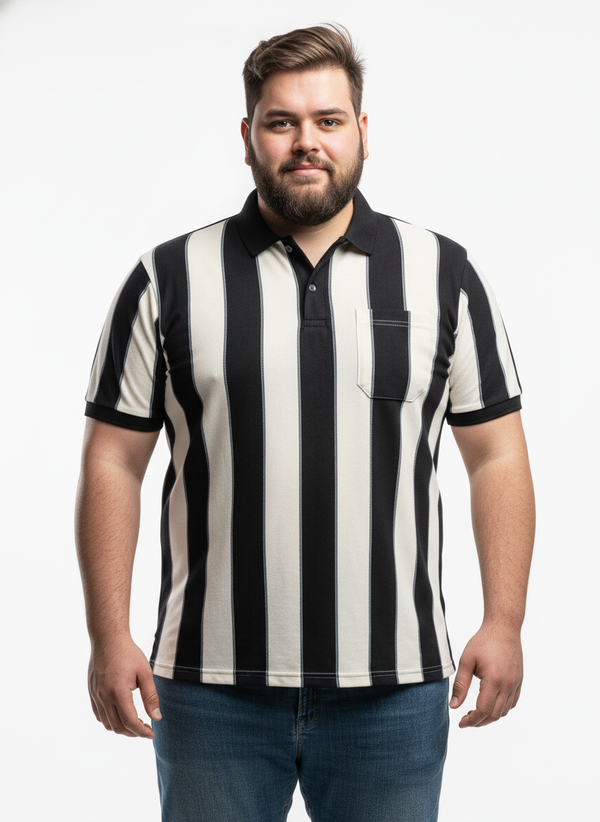 Men’s Plus Size Striped Polo T-Shirt with Chest Pocket, Classic Fit, Soft Cotton Blend Fabric for Casual and Smart Wear