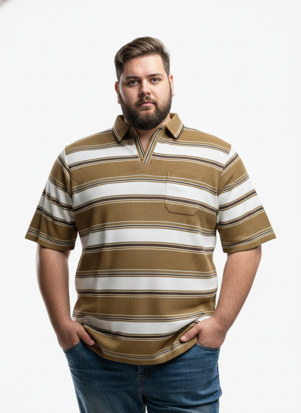 Men’s Plus Size Striped Polo T-Shirt with Chest Pocket, Half Sleeves, Soft Breathable Fabric, Relaxed Fit Casual Wear for Everyday Comfort and Effortless Style
