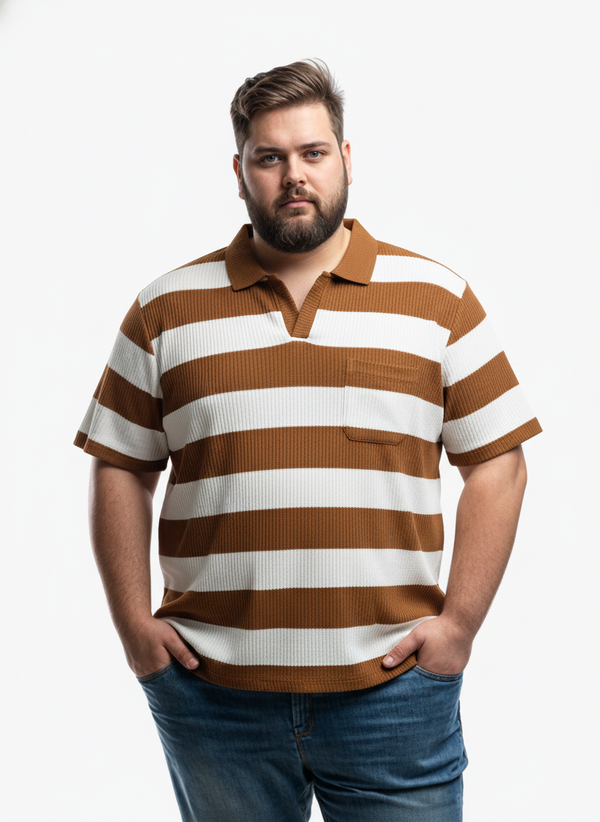 Men’s Plus Size Striped Polo T-Shirt with Half Sleeves and Chest Pocket, Comfortable Casual Wear for Everyday Style